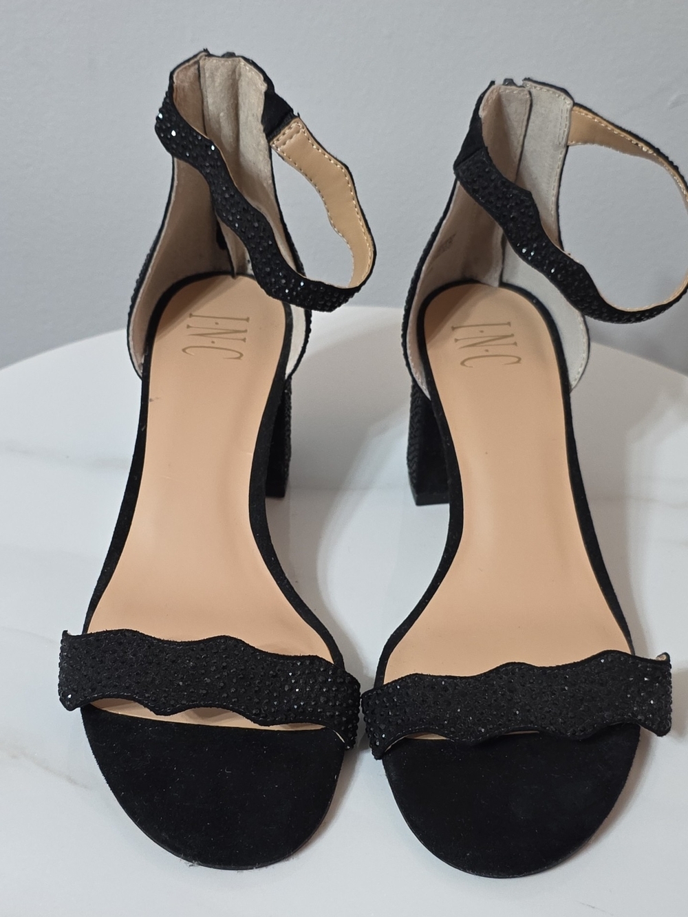 INC International Concepts Black Scalloped Ankle-Strap Block Heels